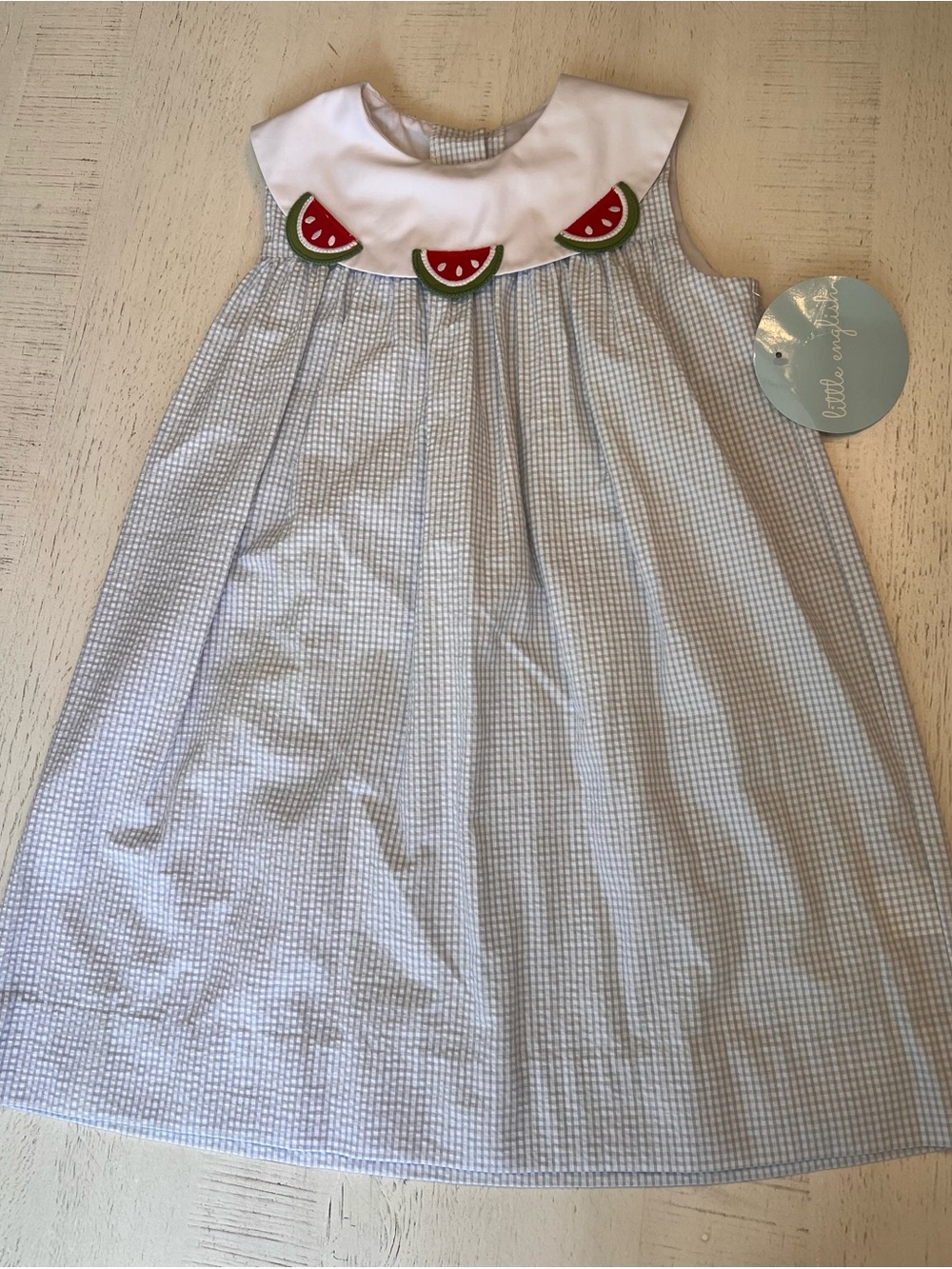 NWT Little English Blue Seersucker Dress with Watermelon Collar - Picture 4 of 7